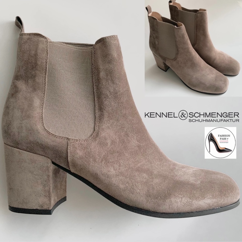 Kennel & Schmenger taupe grey suede block heel square toe chelsea ankle boots